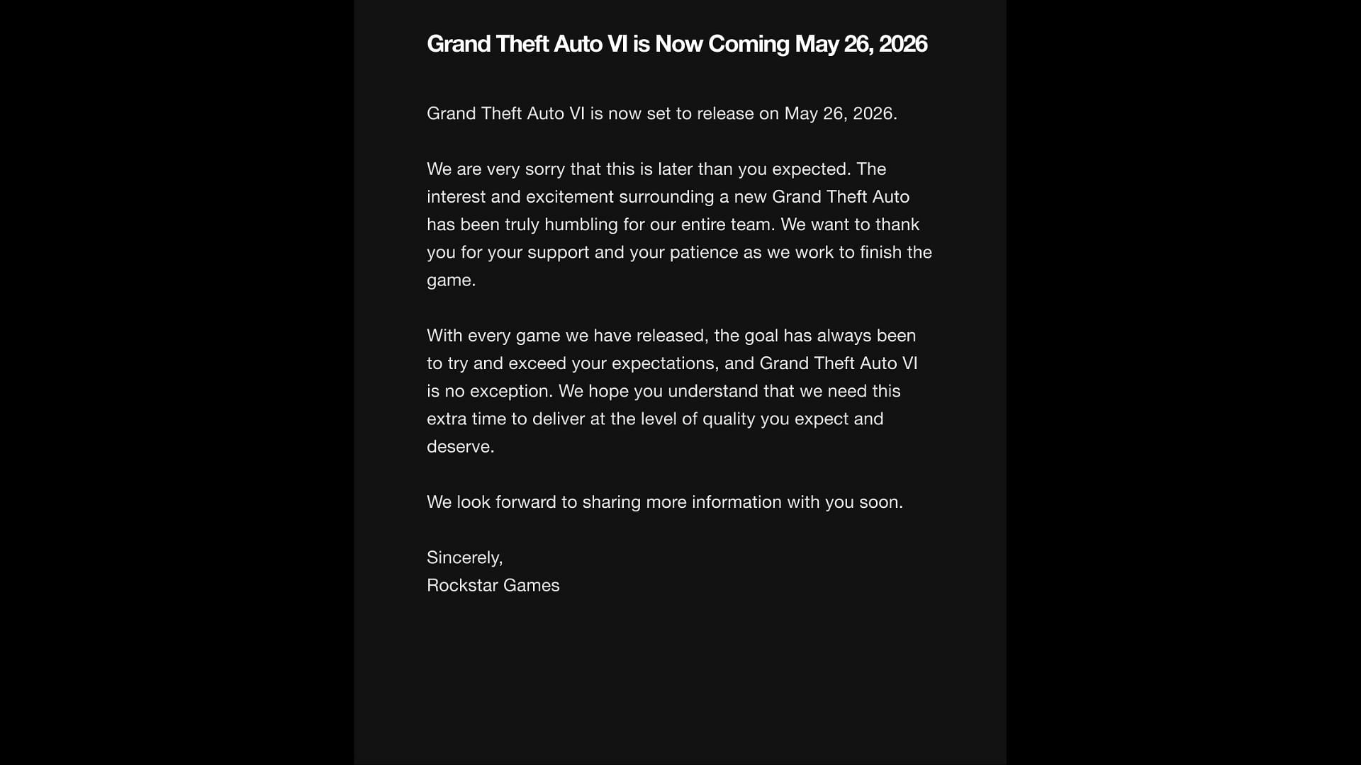 Grand Theft Auto 6 delay announcement (Image via Rockstar Games)